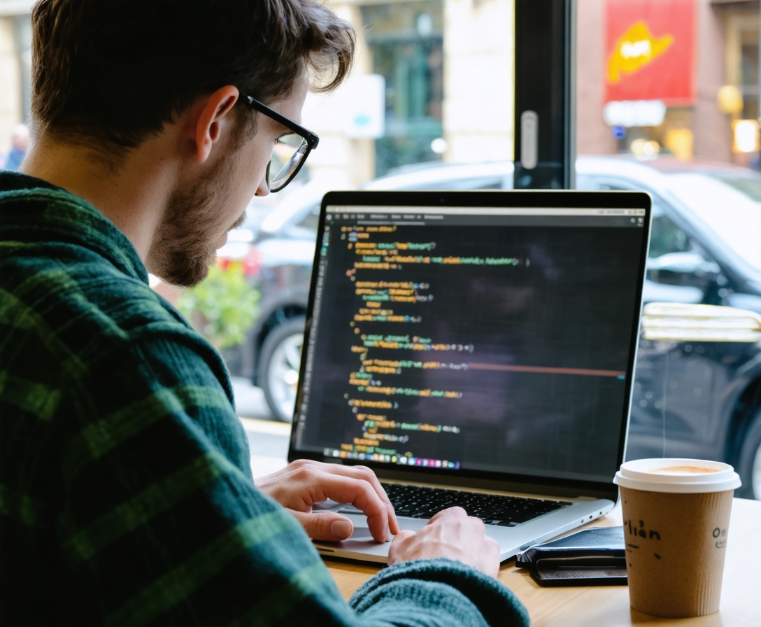 Студент работает над кодом для нейронной сети в комфортной обстановке